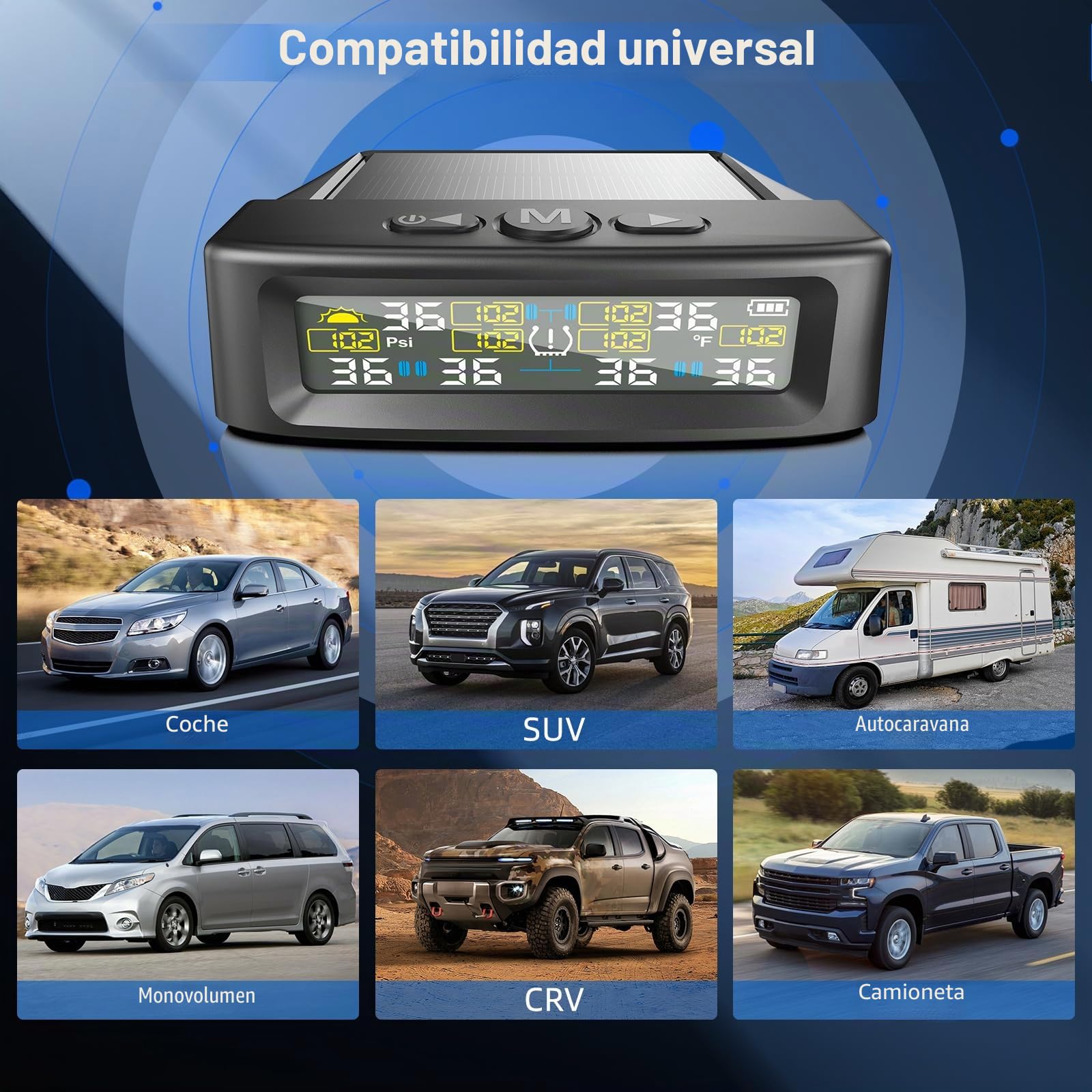 Sistema de control de presión de neumáticos KAOLALI compatible con 6 ruedas, con monitor de presión de neumáticos con pantalla digital, 9,9 bares/144 PSI máx., carga solar y USB, para camiones