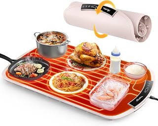Warming Mat for Food, Electric Food Warmer with 8 Temperature Level and 4H Timer, Silicone Food Warming Mat(24"x16"), Rollable & Portable Warming Trays for Buffets Party,Home,Daily Use(Pink)