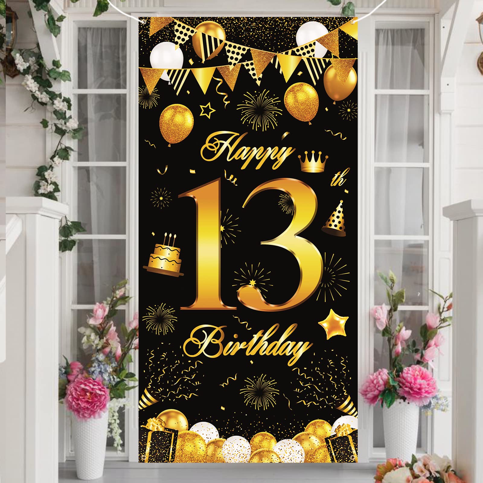 Banner 13° Compleanno Happy 13th Birthday Oro E Nero - 185x90 Cm, In Tessuto, Con Corda Da 6 M, Per Decorazioni Festa