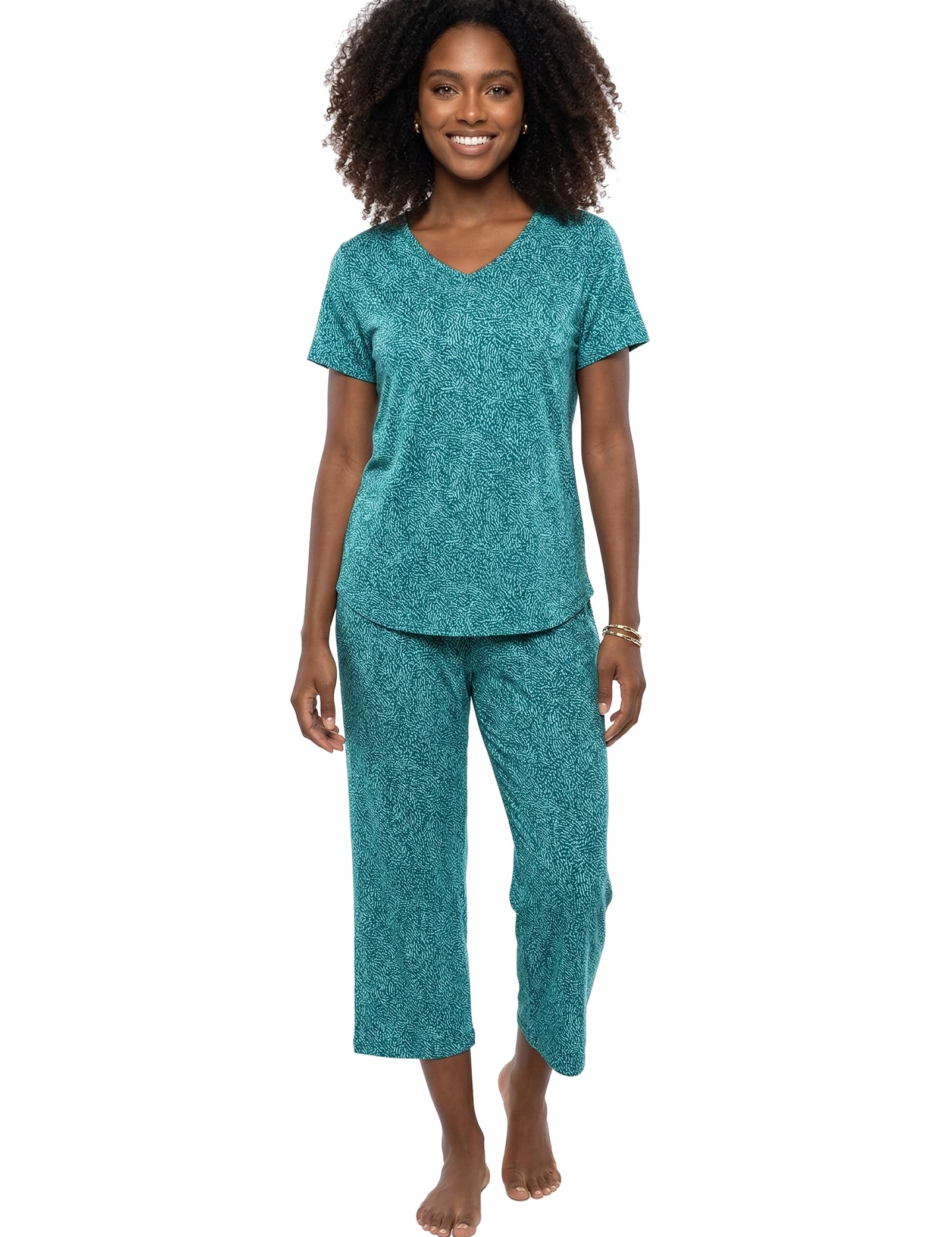 CHUNG Women Cotton Pajama Sets Sleepwear pjs Short Sleeve Shirt Capri Length Crop Pants Cute Vivid Print