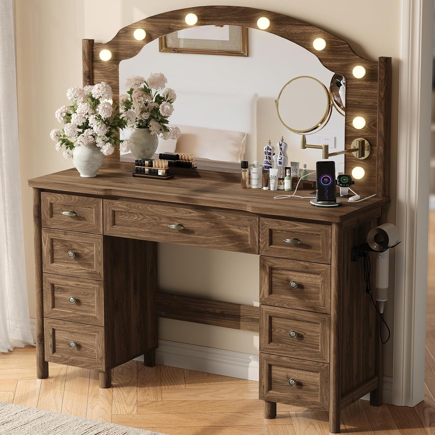 STO'SENSE Vanity Desk with Mirror and Lights, Makeup Vanity Table with 9 Drawers, Magnifying Mirror & Power Outlet, Large Vintage Dressing Table for Women & Girls Bedroom (White)