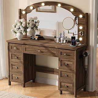 Vanity Desk with Mirror and Lights, Makeup Vanity Table with 9 Drawers, ...