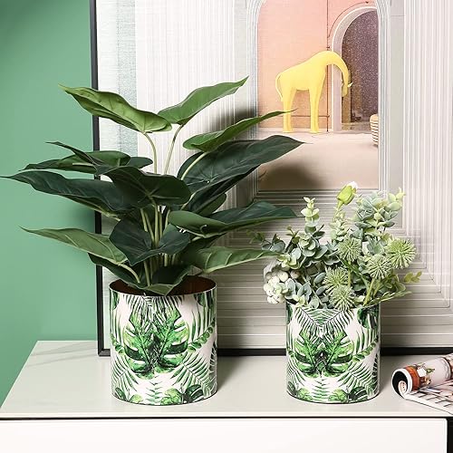 Miniatura 4 de MyGift Maceta moderna de metal con diseño de hoja de palma verde e interior en tono latón, contenedor decorativo para suculentas, juego de 2 piezas,