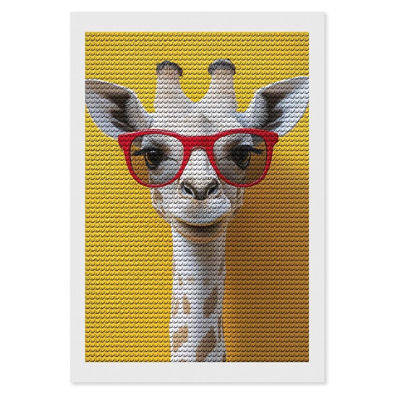 Junmoney Giraffe with Red Glasses Portrait Crystal Diamond Art Kit 8"x12", Stress Relief Craft, Decorative Artwork, Vintage Style Decor, Birthday Gift