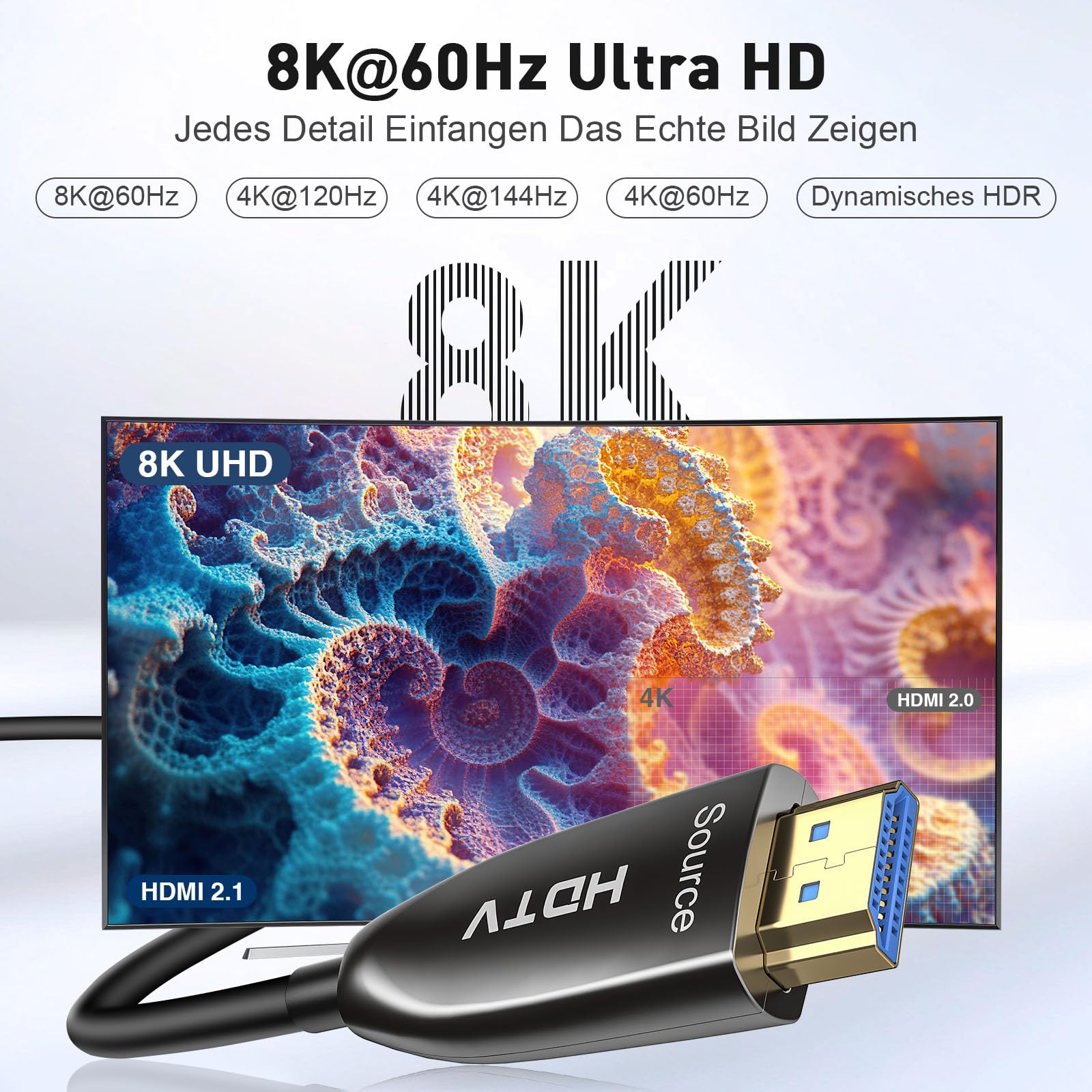 Cable HDMI 2.1 8K 30 m, cable HDMI 4K @ 144Hz/120Hz 8K @60Hz, eARC, HDR10, Dolby Atmos, 48 Gbps, HDCP 2.2 y 2.3 para HDTV/Soundbar/PS5/Blu-ray/Switch/proyector/portátil/pantalla/TV