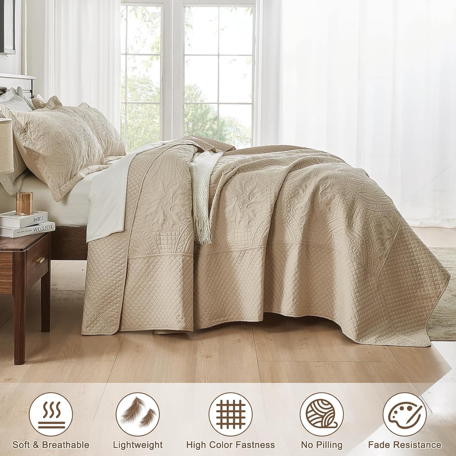 Qucover Oversized King Bedspread 128x120, Soft Microfiber California King Quilt Set Oversized, 3 Piece Extra Wide BedSpreads, Ultrasonic Quilting Vintage Pattern Oversized Coverlet, Beige