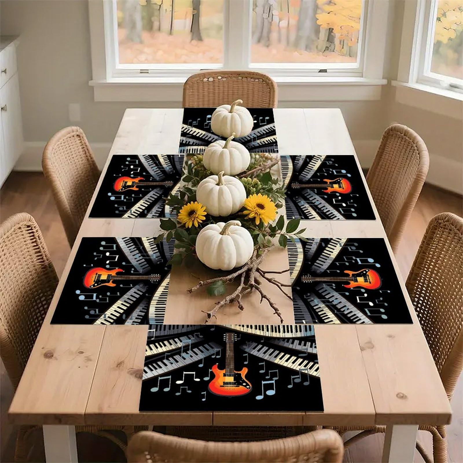 Guitar Piano Pattern Placemats Heat-Resistant Washable Place Mats Anti Slip Dining Table Place Mats Wipeable Dining Table Mats Kitchen Decoration Placemats 17.7’’×11.8’’
