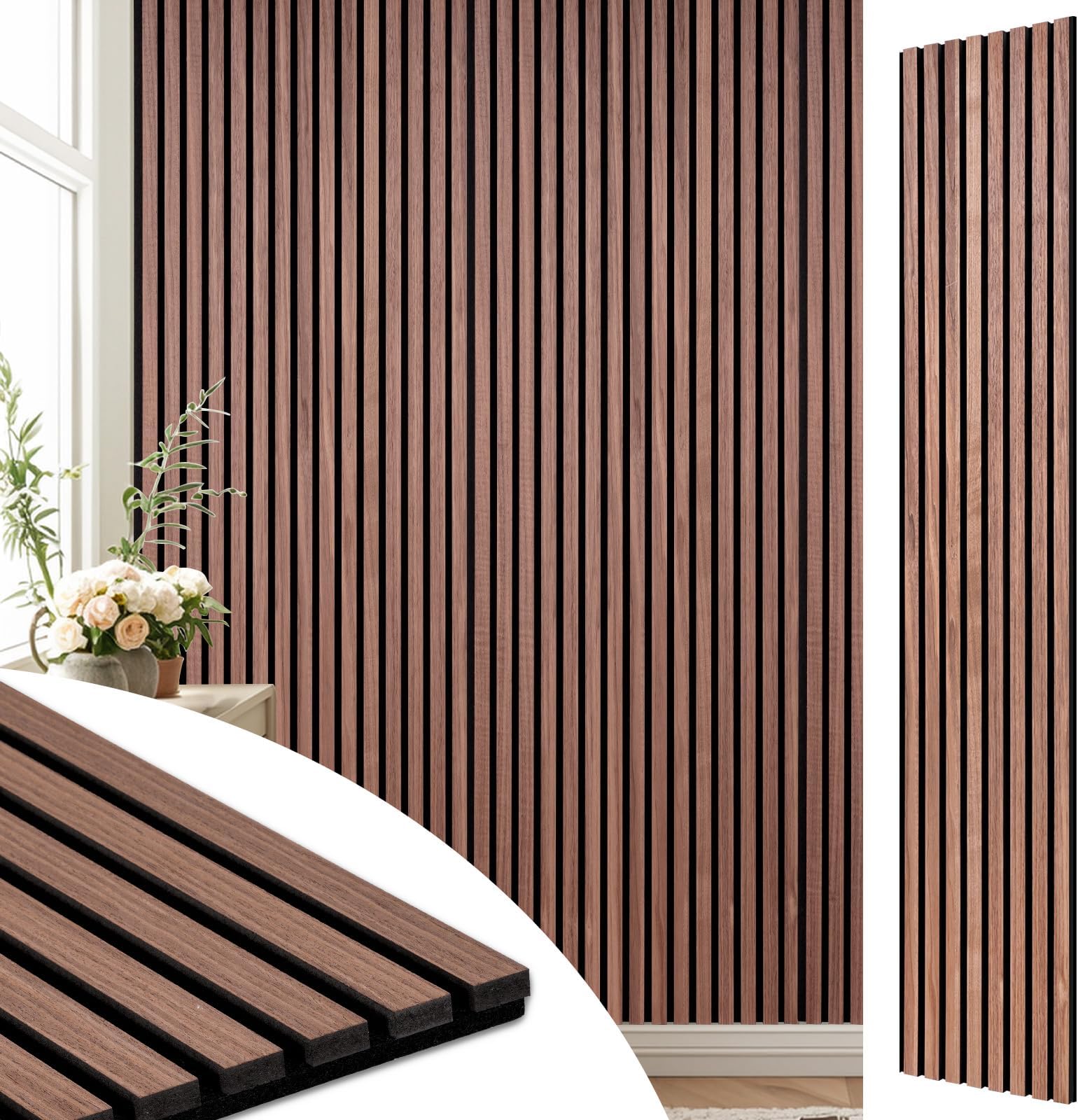 DOLLAR BOSS Wood Slat Acoustic Panels for Wall, 94.5" x 12.6" 2Pcs Soundproof Absorbing Wall Panel with Wood Finish 3D Fluted for Ceiling Kitchen Bedroom Office, Walnut