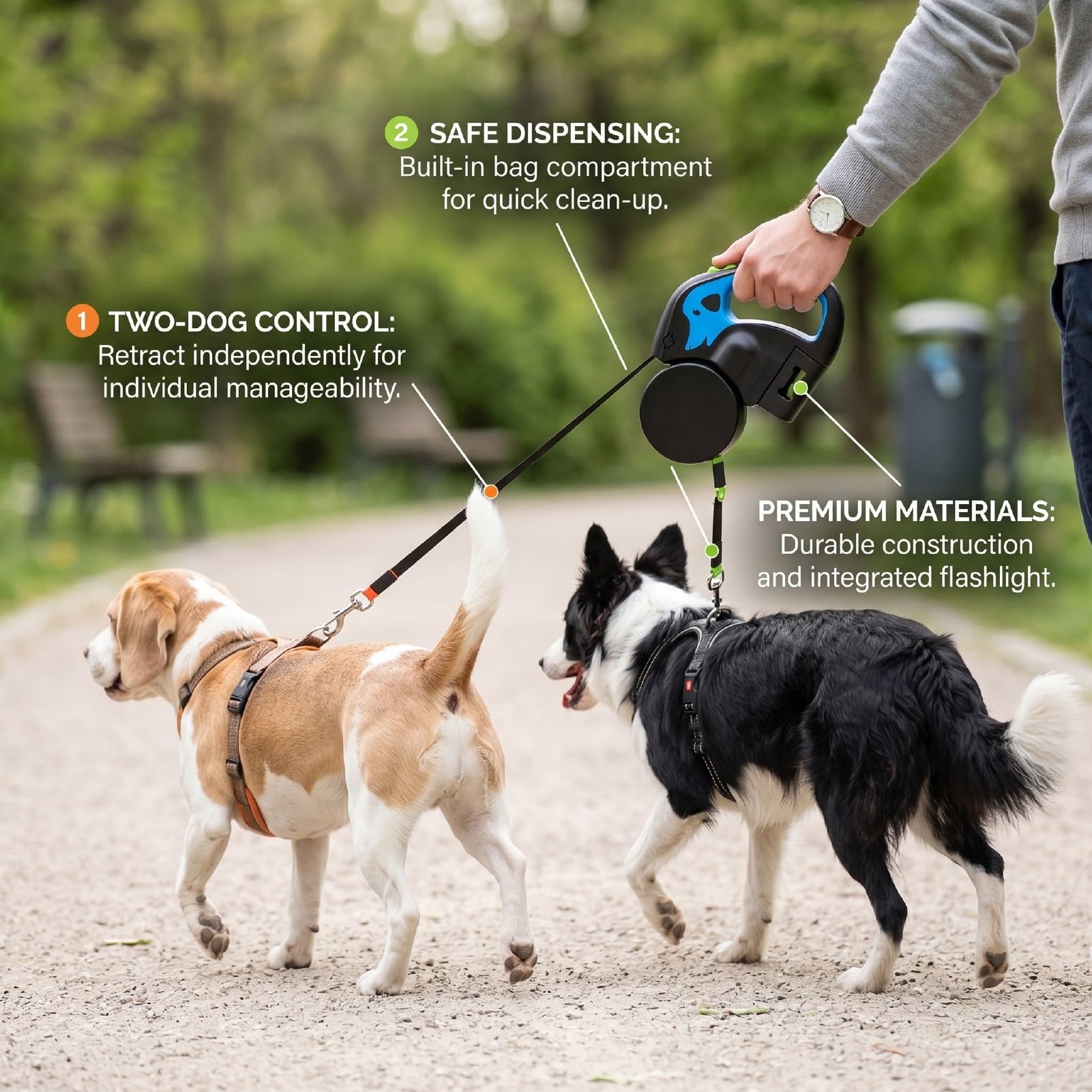 banapoy Guinzaglio Doppio Retrattile per Cani, Guinzaglio Doppio Telescopico Automatico a 360 Gradi per Cani da Passeggio, Antigrovigli con Luce LED e Dispenser per Sacchetti per Rifiuti per di (3