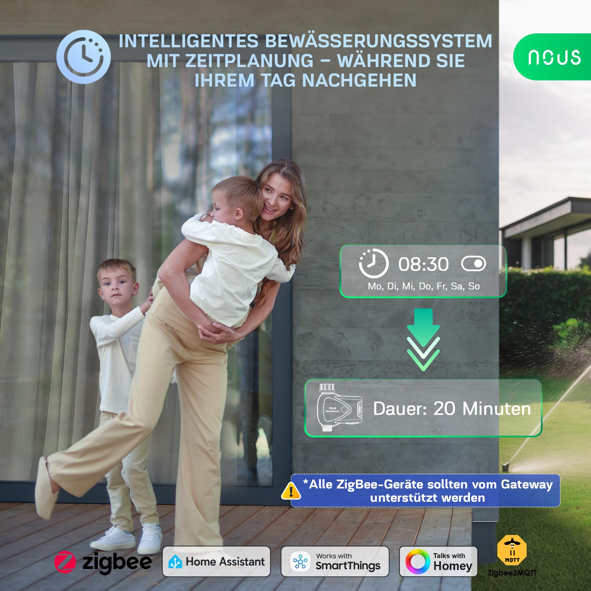 NOUS ZigBee Smart Wasserhahn-Ventil, Bewässerungssteuerung IP66, Kompatibel mit Alexa, Google Assistant, Smart Life, Timer & App-Fernbedienung, Batteriebetrieben, 3/4 Zoll, für Garten, ZigBee-Hub Erfo
