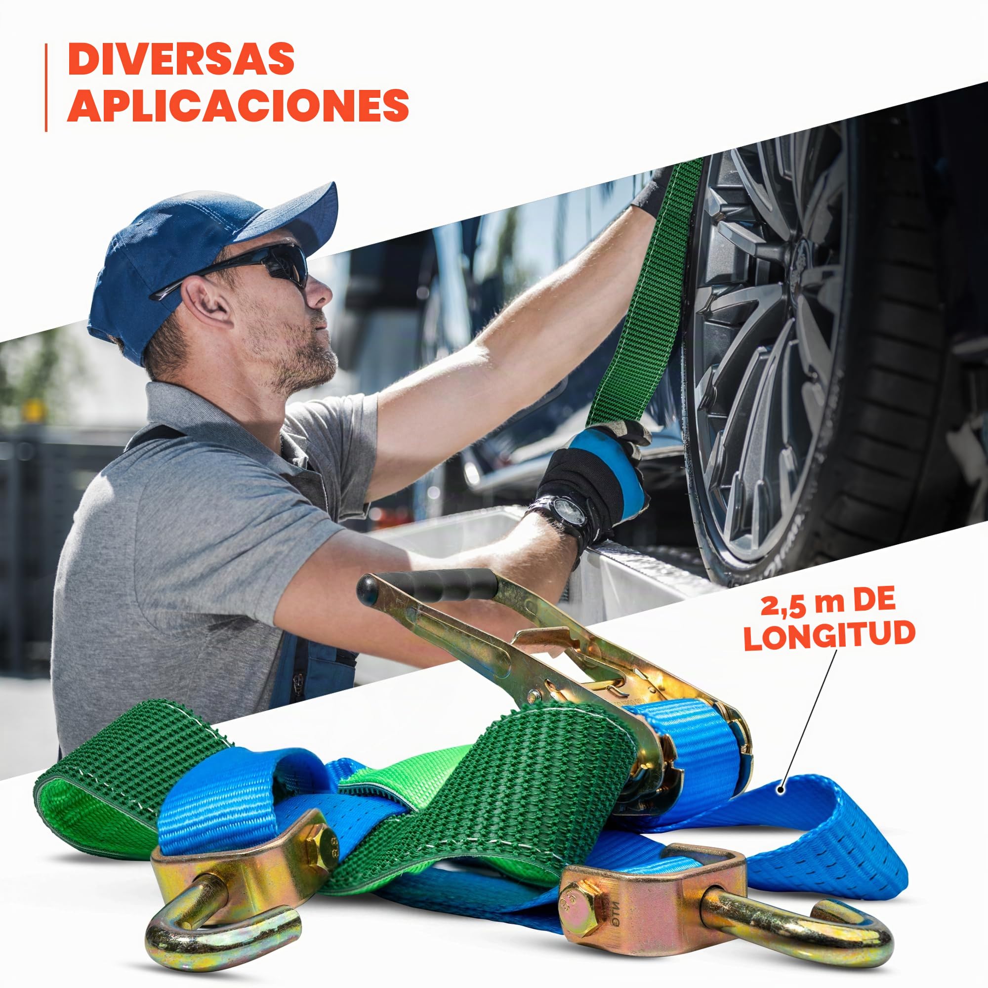 NTG Juego de 4 correas tensoras para transporte de coche, 2500 mm de largo, hasta 5000 kg, con manguera de agarre y ganchos giratorios, protección para ruedas, correa, coche, correas para neumáticos