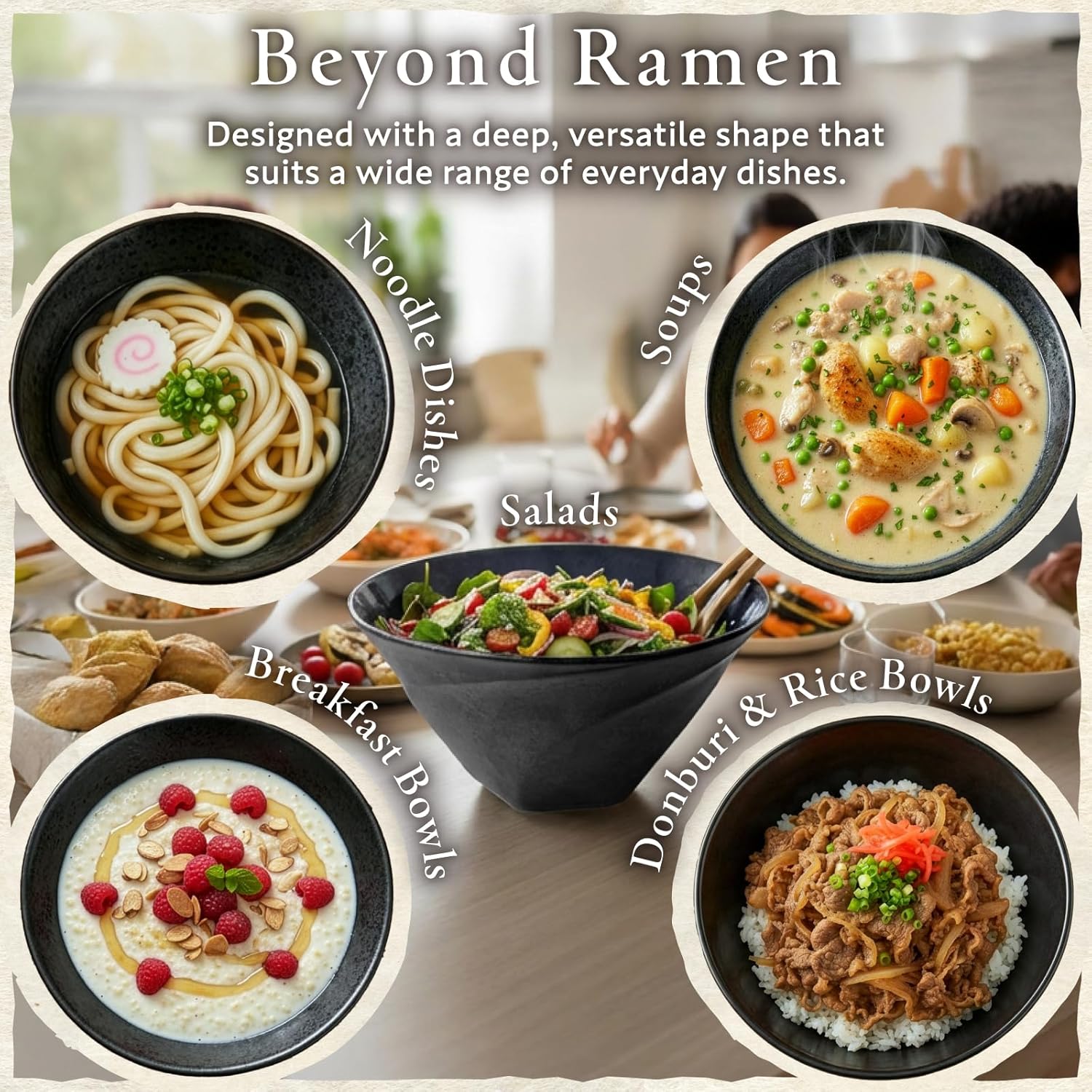 HIBINO Japanese Ramen Bowl Set of 2 | 40 oz Ceramic Ramen Bowls with Chopsticks & Spoons | Made in Japan Mino Ware | Microwave Safe Noodle & Soup Bowls | 6-Piece Dinnerware Set |「Nejiri Black」