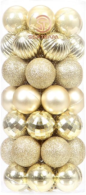 Sea Team 46-Pack Christmas Ball Ornaments with Strings, 30mm/1.18" Mini Size Baubles, Shatterproof Plastic Christmas Bulbs, Hanging Decorations for Xmas Tree, Holiday, Wedding, Party, Gold