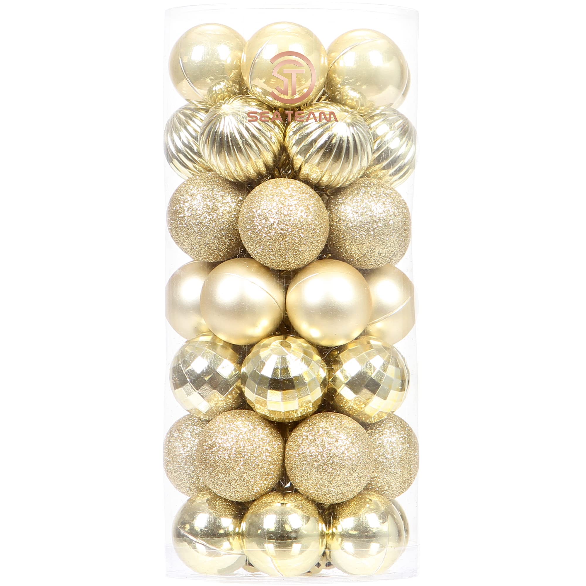Sea Team 30ct Christmas Ball Ornaments Shatterproof Christmas Tree Baubles Decorations with Tied Strings for Holiday Wedding Party Decor, Glitters-free Easy to Clean, 1.97"/50mm, Gold