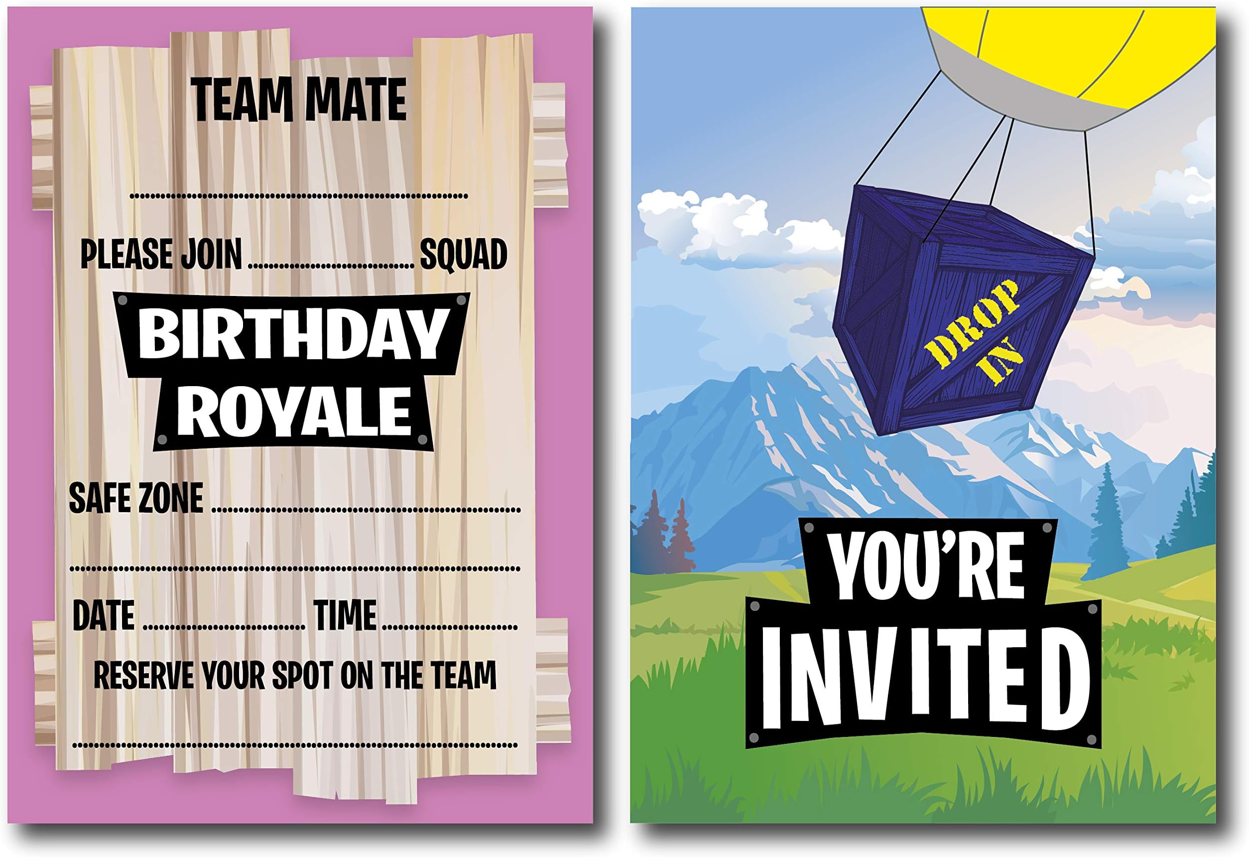 12 x Fort Building Battle Style Birthday Royale Party Invitations - Gamer/Gaming/Computer Game (Invitations Only)