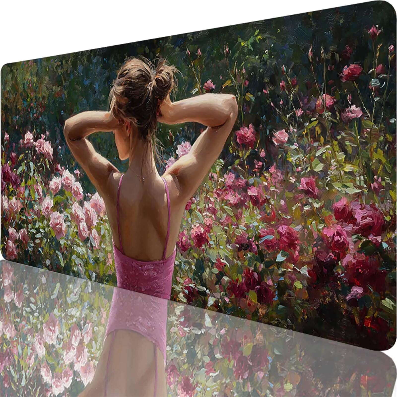 Różowa podkładka pod mysz 1200 x 600 x 3 mm duża podkładka pod mysz XXL kwiat pod mysz do biura dla graczy, zszyte krawędzie, antypoślizgowa gumowa podkładka pod mysz do komputera, komputera