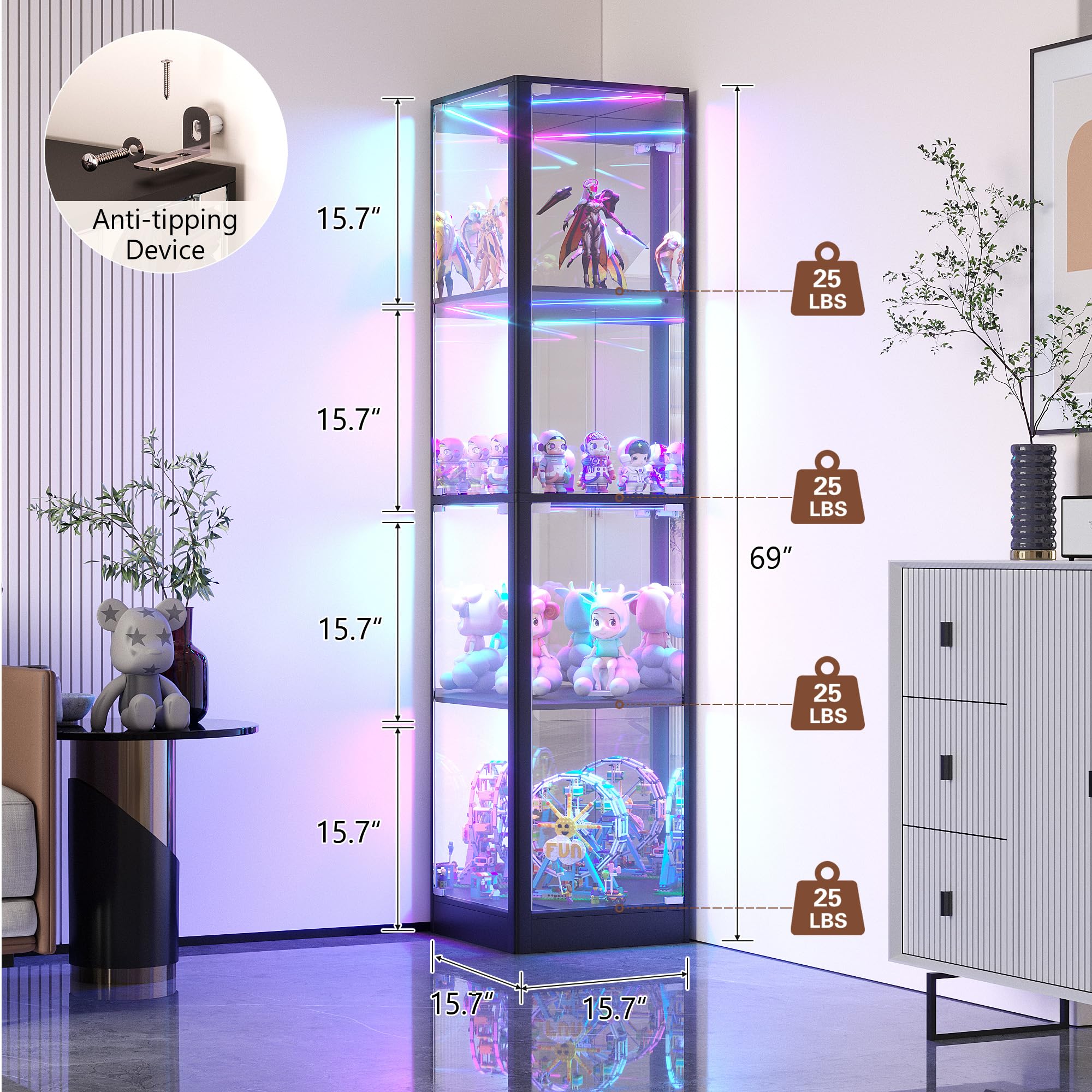 TAGELIER Glasvitrine mit RGB-Beleuchtung, 173 cm Vitrine mit 4 Ebenen, Eckvitrine für Sammlerstücke/Spielzeug/Bücher, LED-Aufbewahrungsschrank