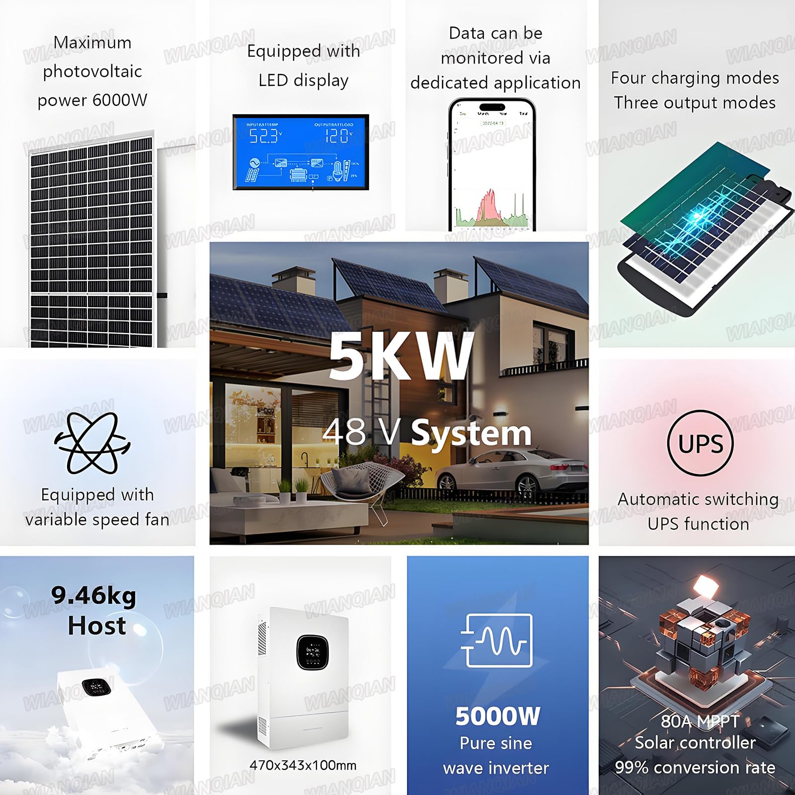 5.0KW Inversor Solar Híbrido con Cargador, Inversor Solar Híbrido Todo En Uno, Eficiencia De Seguimiento 99.5%, Funciona con 48V Litio, Soporta 9 Inversores En Paralelo, Plomo-Ácido, Etc