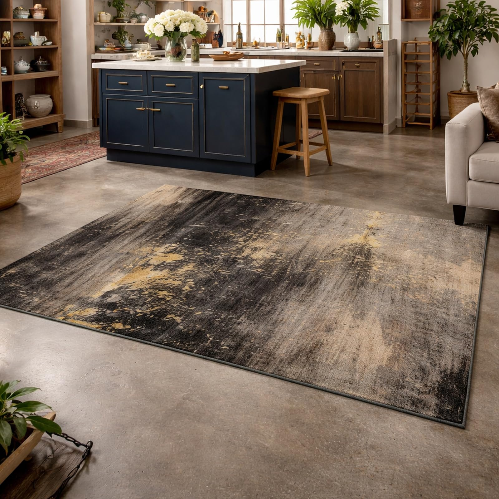 Tapis de couloir anti-salissure et design abstrait jaune et noir 70x140 cm