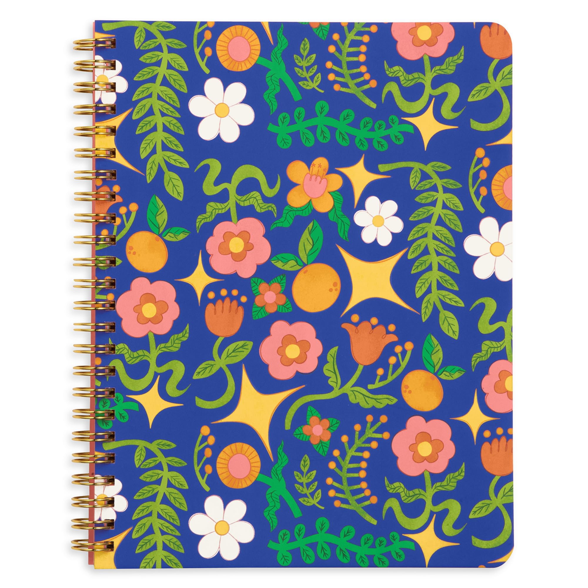 ban.do Rough Draft Mini Spiral Fruit Patterned Notebook, 8.5" x 6.75" Journal with Pockets and 160 Lined Pages (Navy Star Floral)
