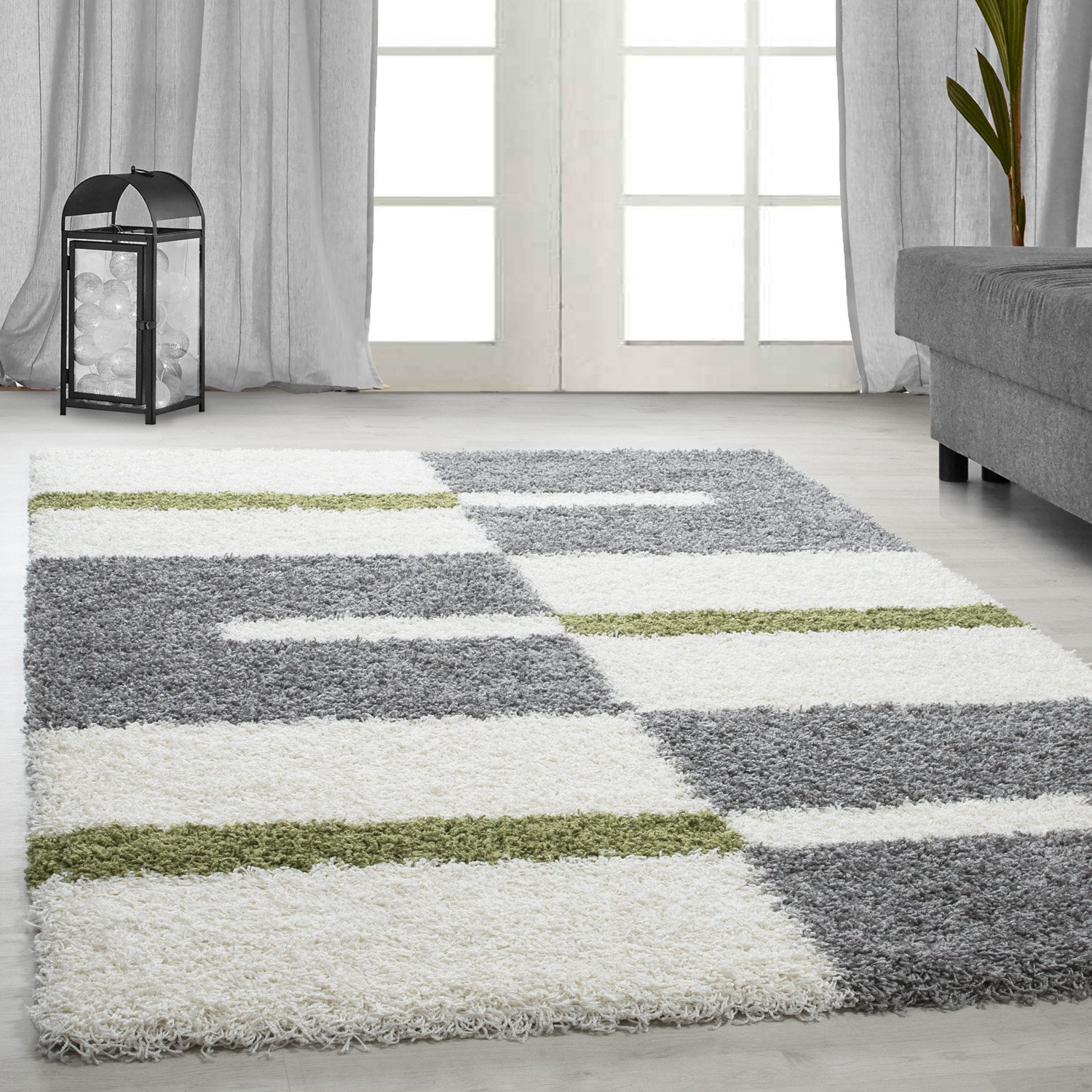 Carpetsale24 Alfombra de Pelo Largo, Color Verde, diseño a Cuadros, 11943, Alfombra Rectangular, Alfombra Sala de Estar-Dormitorio, 200 x 290 cm