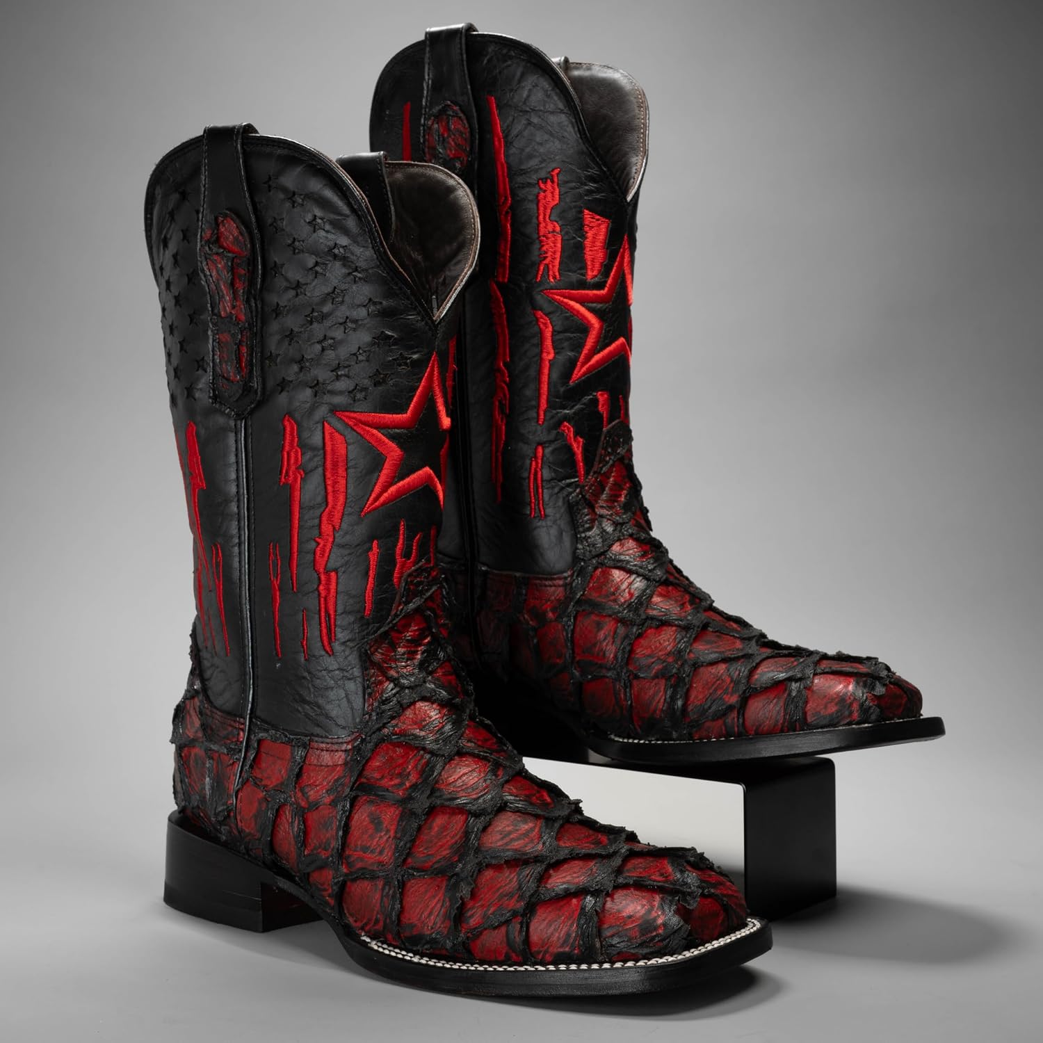 Joe Boots Men’s Monster Fish Pirarucu Western Cowboy Boot – Red & Black Exotic Leather Print, 10" Patriotic Shaft Design, Leather Sole,