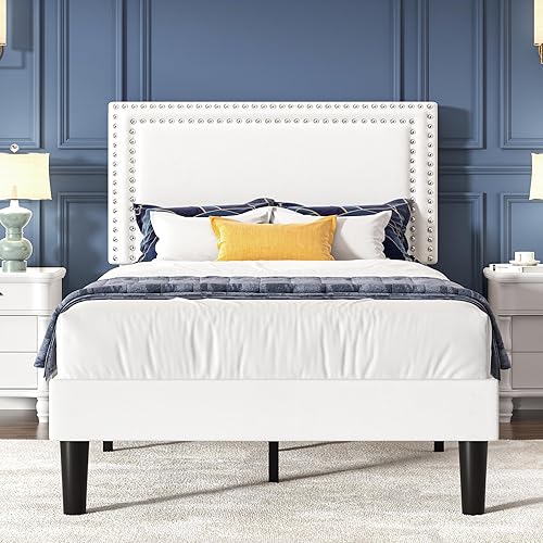 Miniatura 370 de VECELO Base de cama de tamaño matrimonial con cabecera tapizada ajustable, plataforma de listones de madera, diseño sin ruido, fácil montaje Negro
