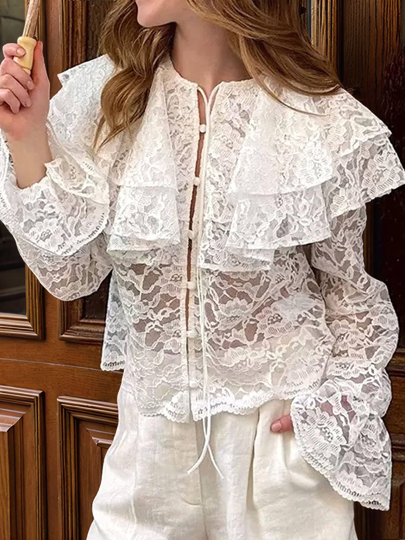 Top de Encaje con Lazo Frontal para Mujer, con Volantes, Larga, Holgado, para Salir