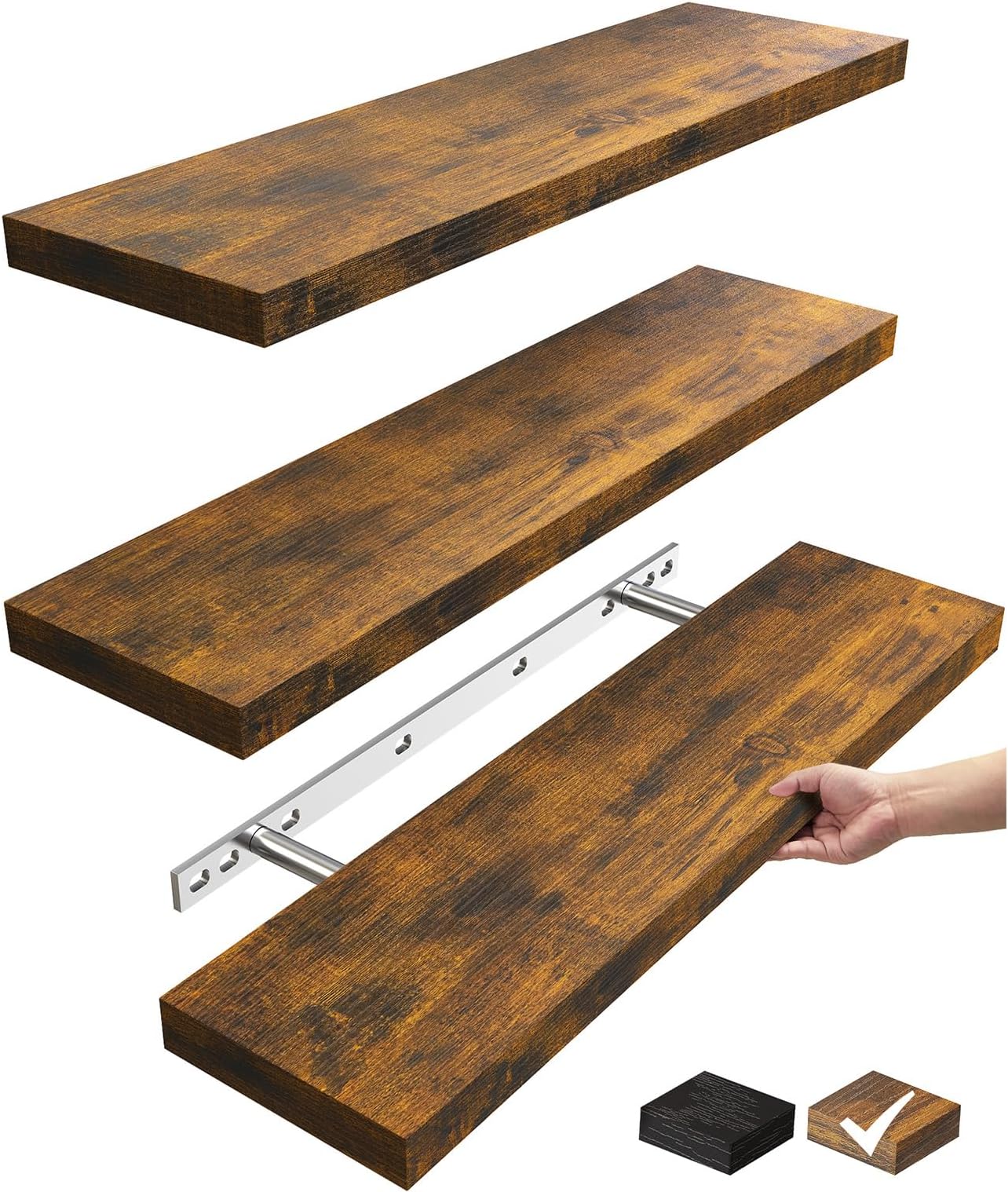BAYKA Floating Shelves for Wall, 22.5 inches Wall Mounted Rustic Wood Shelves for Bathroom, Bedroom, Living Room, Floating Shelves for Books/Storage/Decor(Rustic Brown,Set of 3)