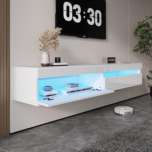 Miniatura 11 de Soporte flotante de madera maciza para TV con iluminación LED y toma de corriente, centro de entretenimiento de alto brillo de 71 pulgadas montado