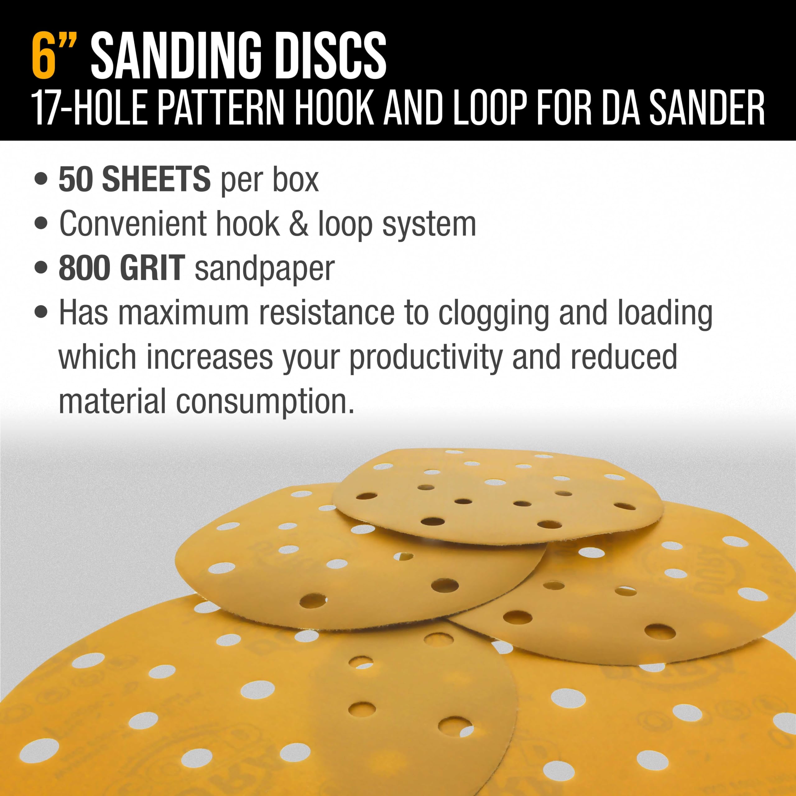 Dura-Gold Discos de lija dorados de alta calidad de 6 pulgadas, grano 800 (caja de 50), papel de lija de 17 agujeros, sin polvo, para lijadoras DA, óxido de aluminio abrasivo, arena para pintura