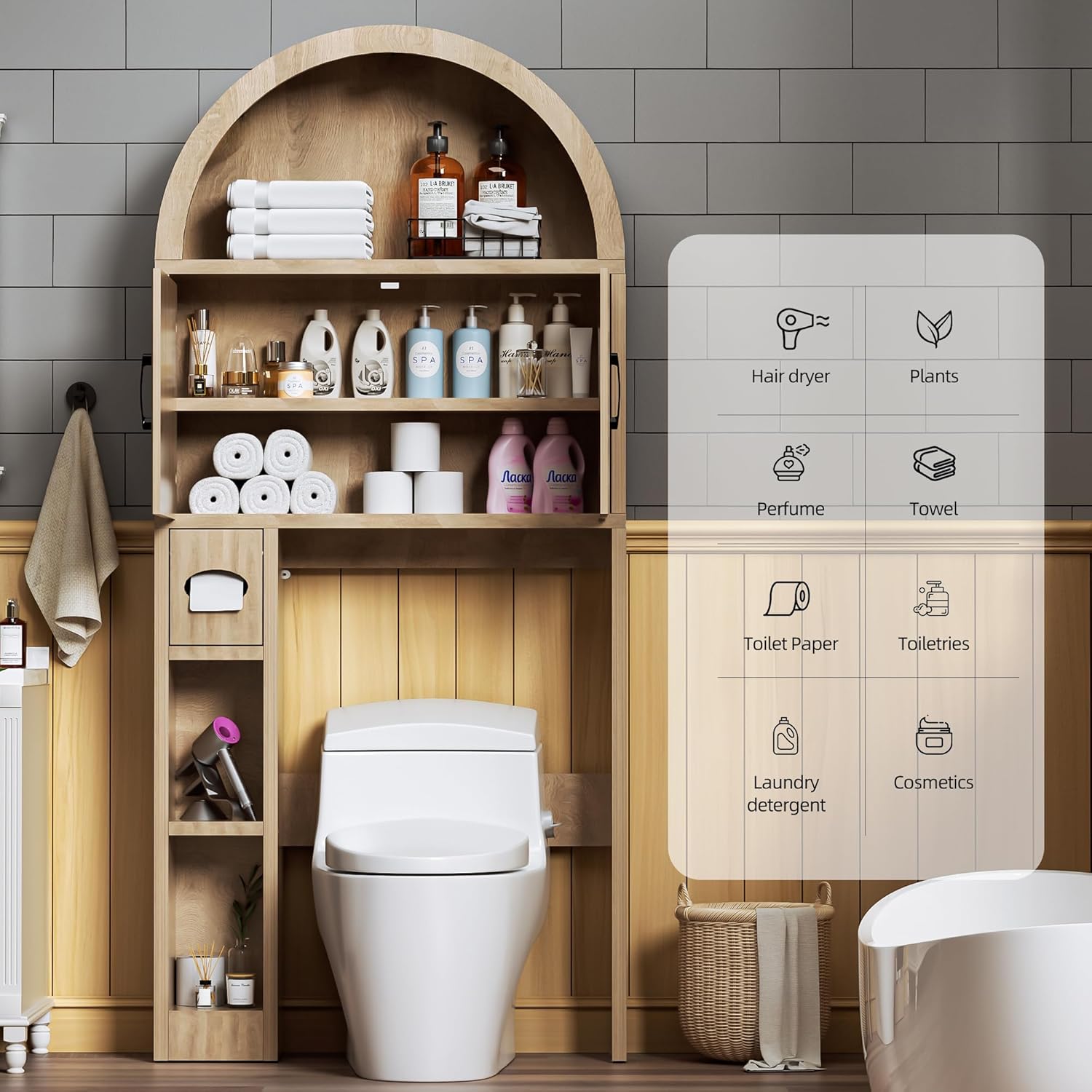Over the Toilet Storage Cabinet, Freestanding Storage Organizer Cabinet, Farmhouse Space Saver with Paper Holder and Racks and Elegant Arched Design, for Bathroom, Laundry and Restroom