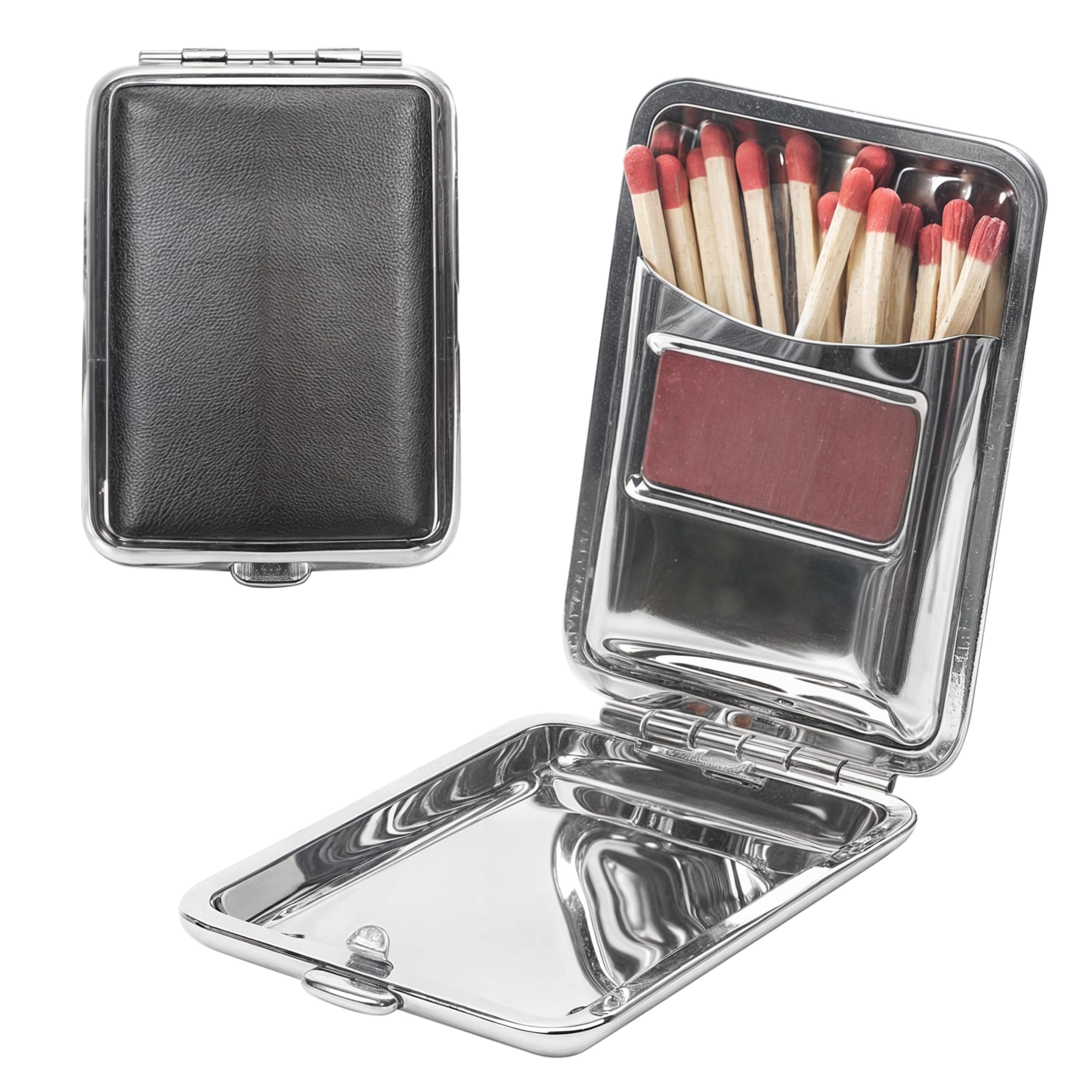 Metal Match Box Case Stainless Steel Matchboxes with Friction Plate Striker, Matchstick Holder Vintage Portable Mini Storage Reusable One Button