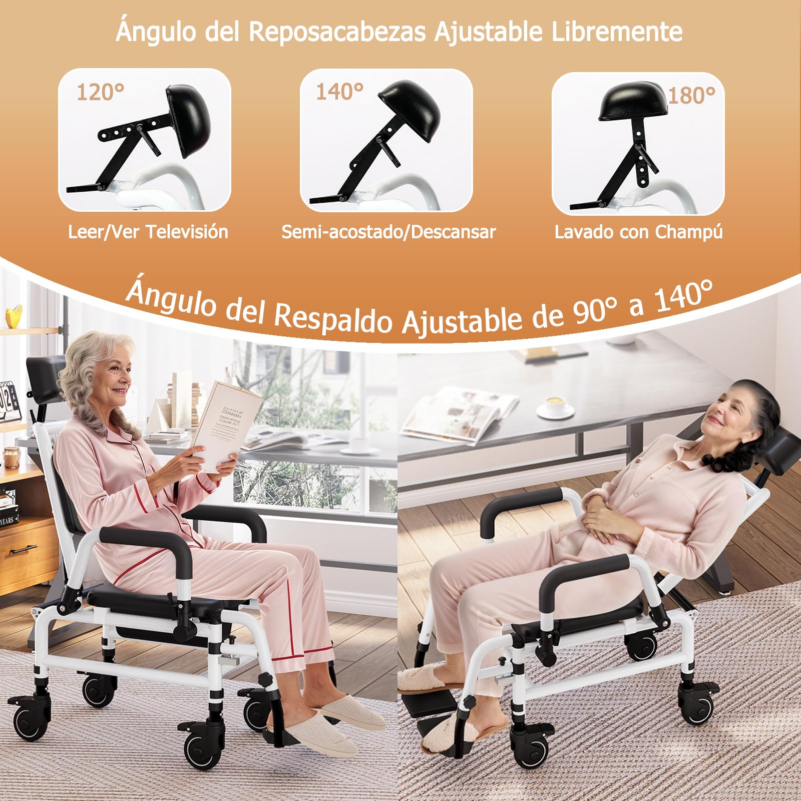 NJUN Silla de Ruedas para Baño y WC con Ruedas, Silla WC con Ruedas para Personas Mayores, Silla de Baño Reclinable con Respaldo Ajustable 140°, Reposacabezas Ajustable y Cubeta Extraíble