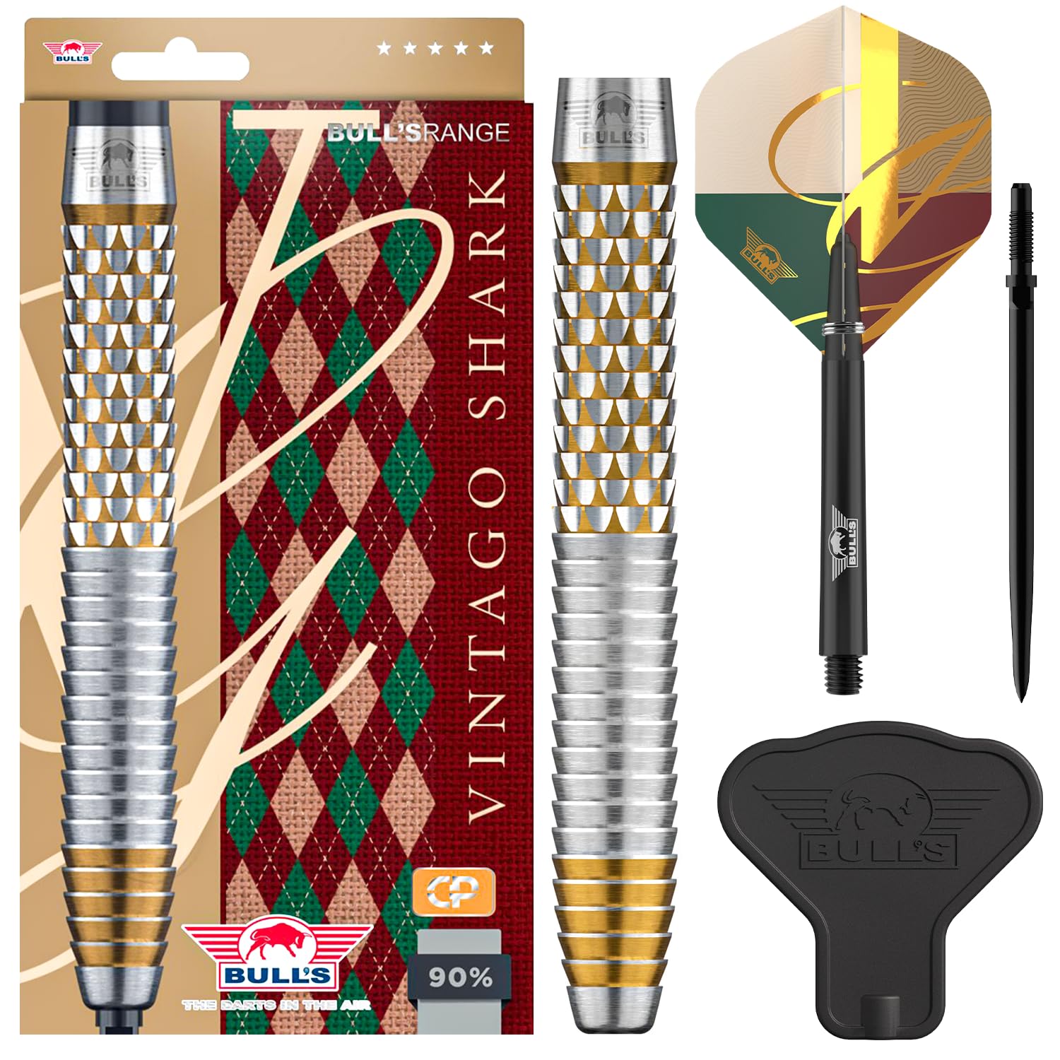 Bull's Vintago Shark 90% Tungsten Steeldarts mit Shark Grip - Gerades Barrel Fuer Enge Gruppierungen, Profi Dartpfeile Set - CP Point System, 22g 23g 24g 27g, 3er Dart Set