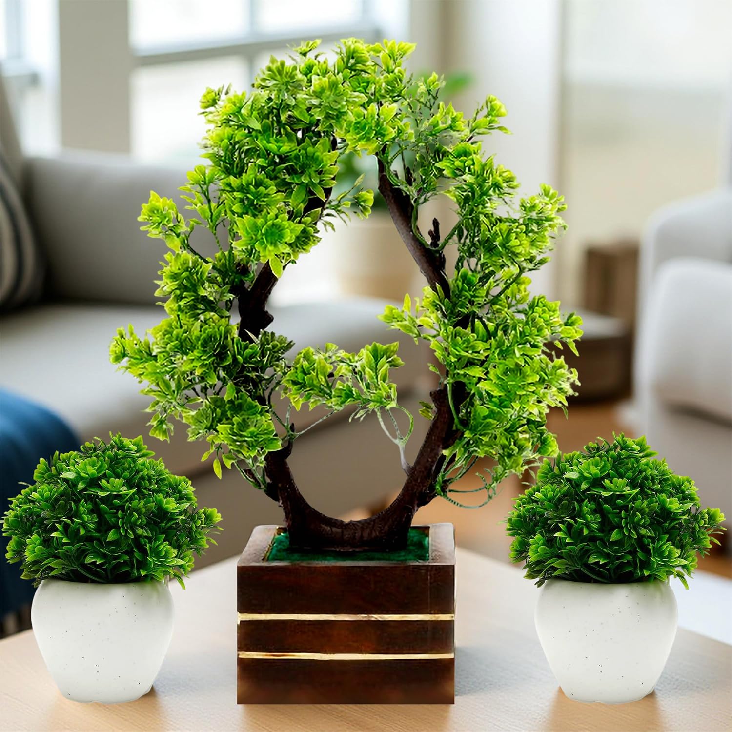 (Set of 3) Artificial Bonsai Tree 26 cm for Home Decoration Realistic Looks with 2 Small Green Flowers pots 19 cm for Livingroom Bedroom Office Table Kitchen Indoor & Outdoor Balcony 1