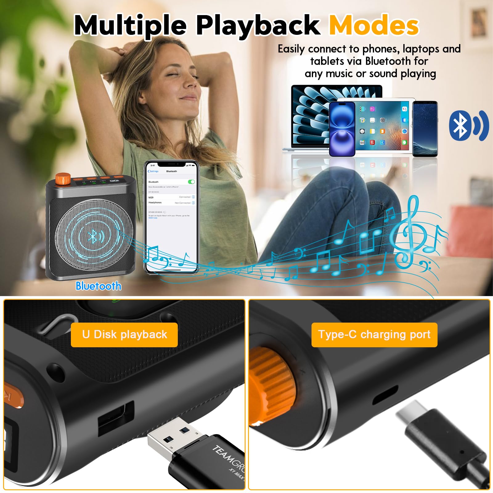 Micrófono inalámbrico amplificador de voz para profesores, aula, yoga, reuniones, altavoz Bluetooth portátil con 2 micrófonos de solapa inalámbricos magnéticos con clip, mini megáfono, sistema PA