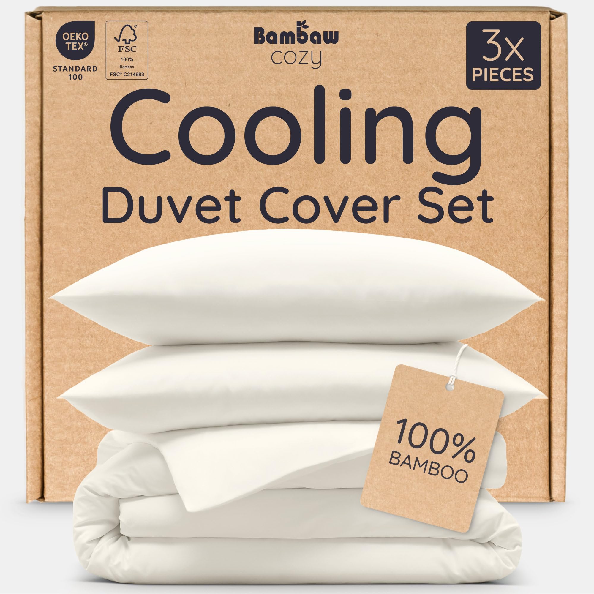 Bambaw Bamboo Duvet Cover Double Bed Set (200 x 200 cm), 3-Piece Double Duvet Cover Set with Bamboo Pillow Cases 2 Pack (50 x 75 cm), Soft, Thermoregulating & Perfect for Hot Sleepers (Ivory)