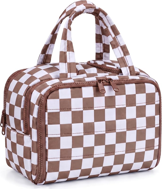 Necessaire de viagem xadrez Valentoria com alça e compartimentos, 20,07 cm x 19,05 cm x 22,10 cm