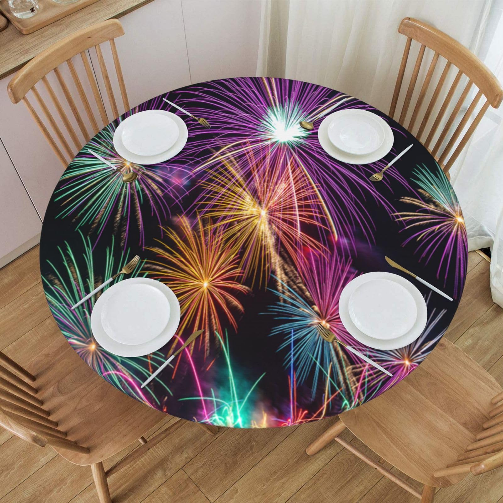 JRMRNEI Round Tablecloth, Christmas Fitted Table Cover Elastic Edge, Waterproof Wipeable Patio Table Cloths for Round Table, Christmas Type8, Tablecloth Size 40