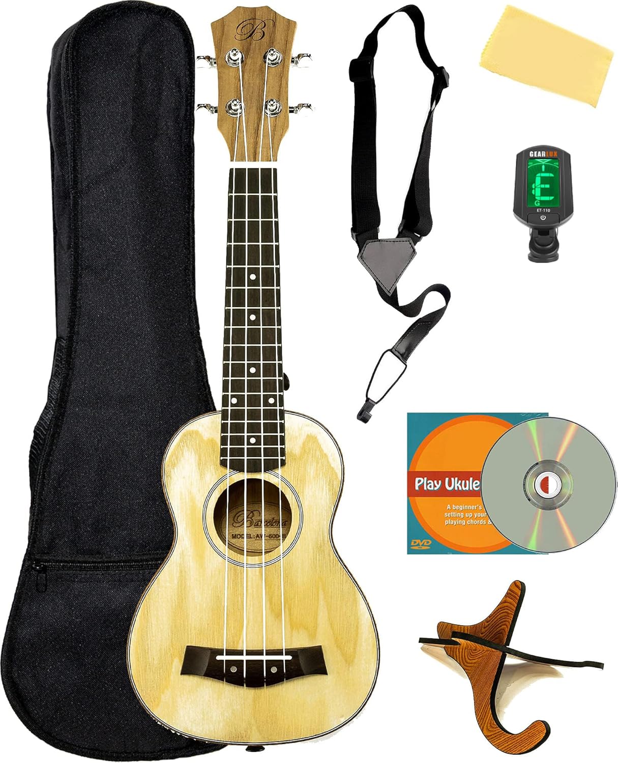 Barcelona Solid Top Ash Wood Soprano Ukulele Bundle with Gig Bag, Tuner, Stand, Strap, Austin Bazaar Instructional DVD, and Polishing Cloth