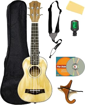 Barcelona Solid Top Ash Wood Soprano Ukulele Bundle with Gig Bag, Tuner, Stand, Strap, Austin Bazaar Instructional DVD, and Polishing Cloth