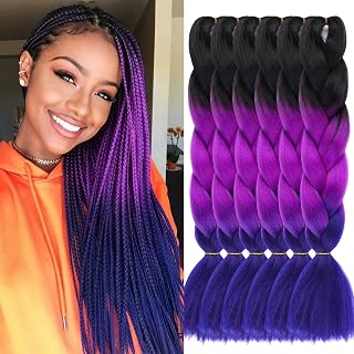 Crochet Braiding Hair Pre Stretched Kids Colored Boho Braids Hair Extension | 6 Packs Ombre Jumbo Braiding Hair Extensions 24 Inch Synthetic Fiber Box Braids Hair (Black to Purple to Rose)