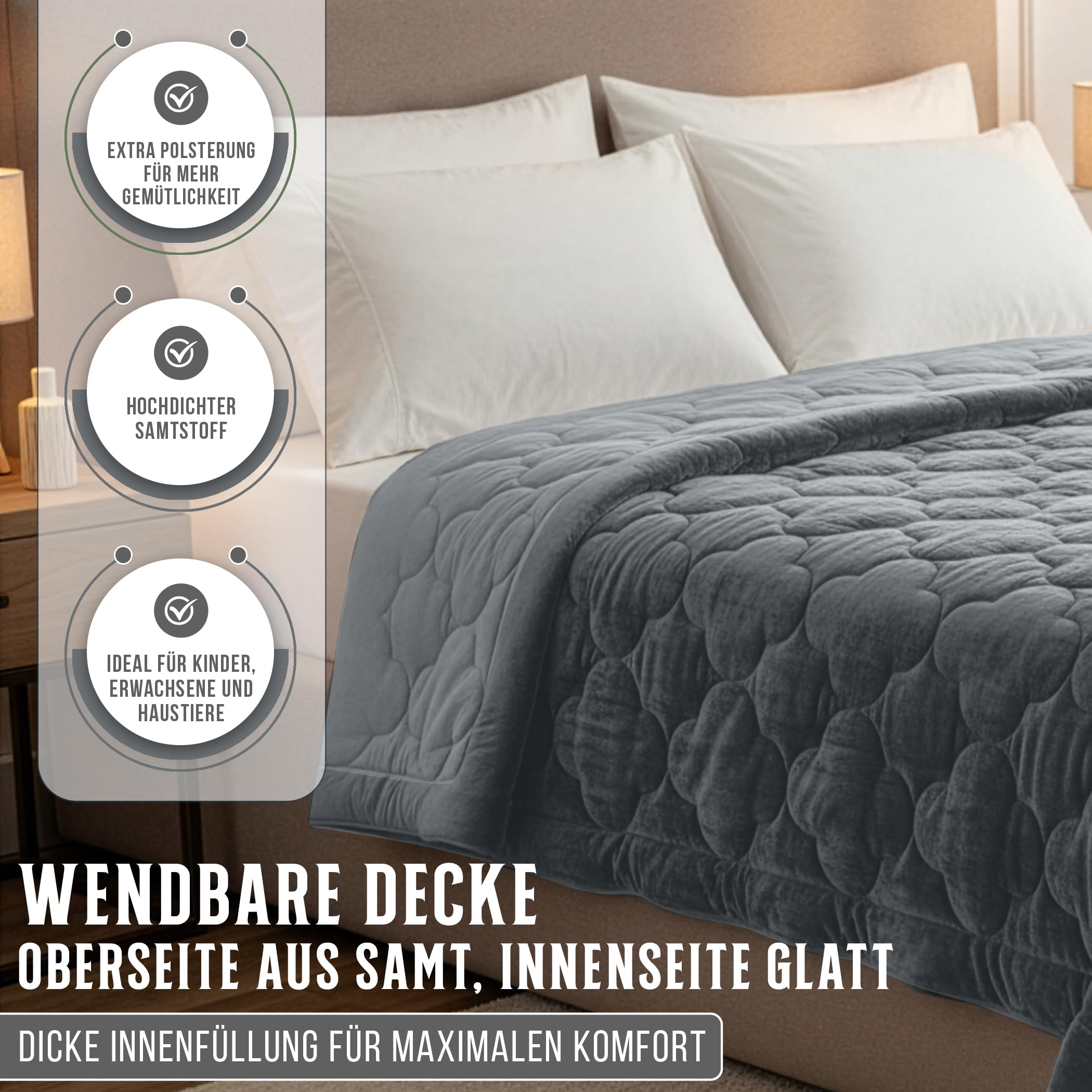 SLEEP COMFY Piumone 4 stagioni 160 x 220, velluto e microfibra senza rivestimento, traspirante, ipoallergenico, per casa, caravan e campeggio, certificato Oeko-TEX