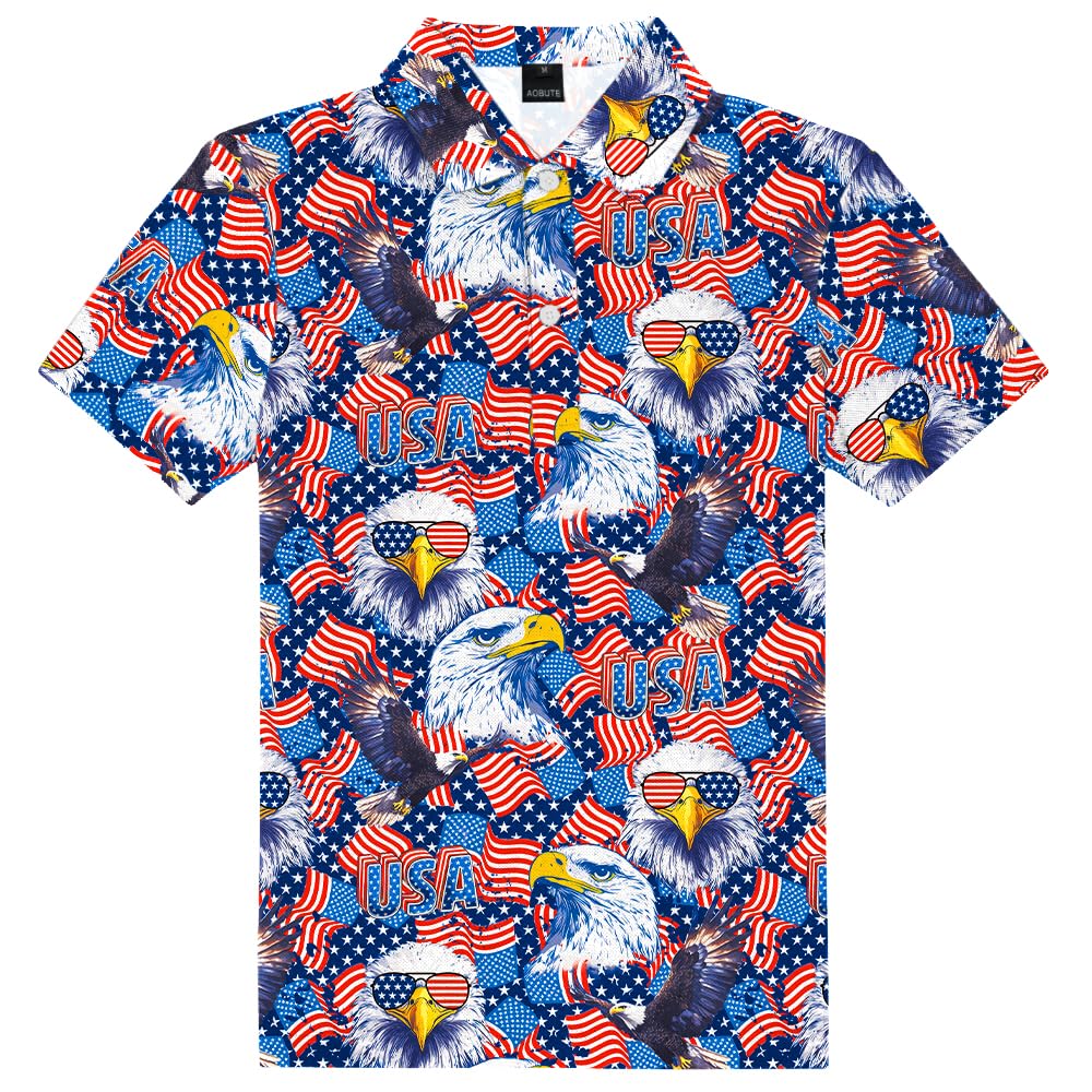 AOBUTE Kids 4th of July Polo American Flag Short Sleeve Button Down Shirts Tops 3-14 Years