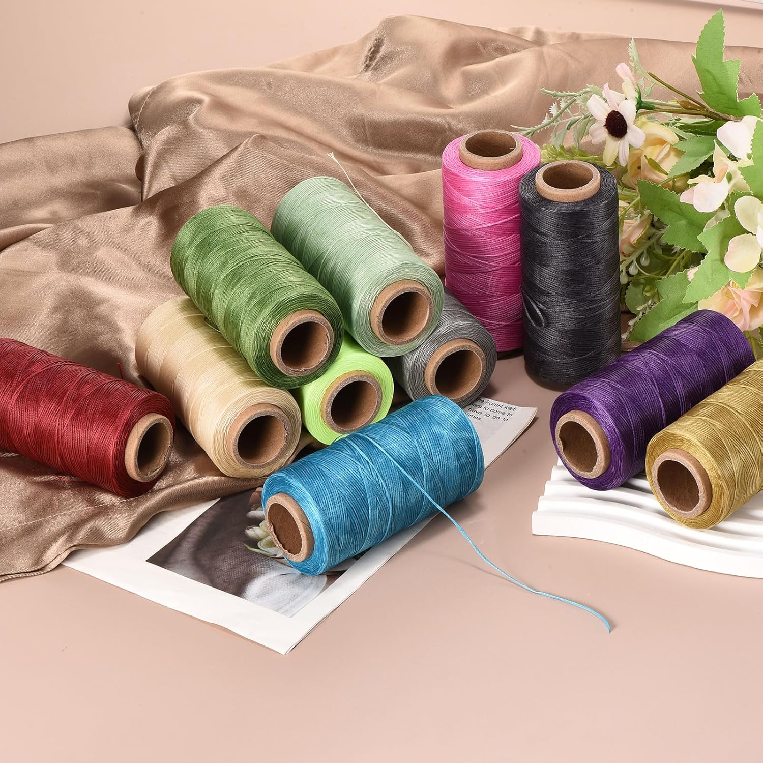 MECCANIXITY Waxed Thread,284 Yard 0.8mm 150D Flat Wax Thread Polyester Waxed String for Leather Sewing Hand Weaving Book Binding Home Decoration,Deep Green - Image 4