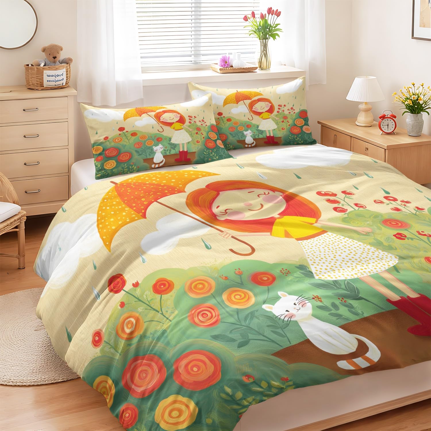 Biancheria da letto 180 x 200 cm, con illustrazione a libro illustrativo giocoso per bambini, biancheria da letto in microfibra con chiusura lampo, per adolescenti, colore beige