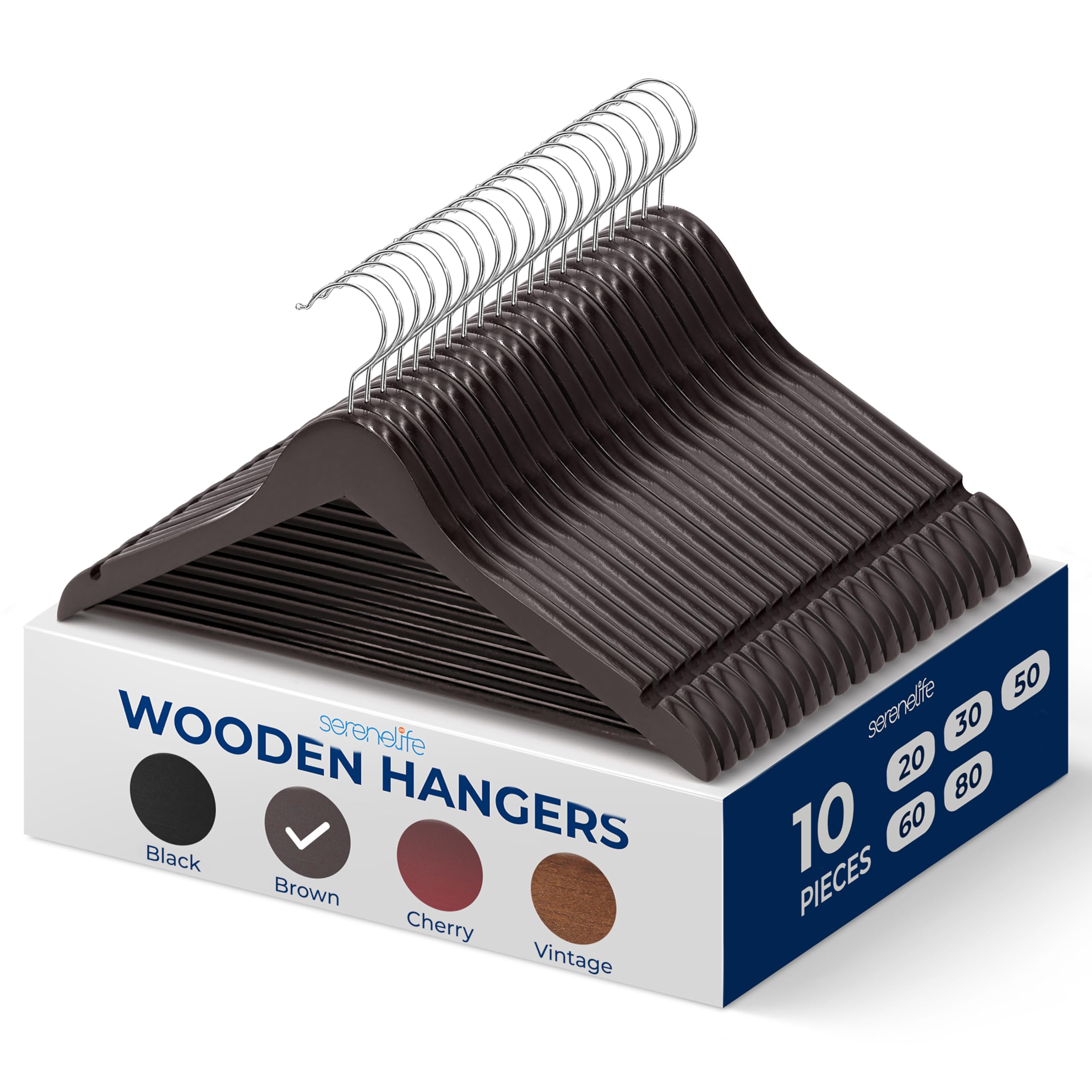 SereneLife Wooden Hangers 10 Pack | Non-Slip, Sturdy, Heavy Duty Suit Hanger Set with Chrome 360° Swivel Hook and Notches Design for Clothes, Coat, Pants, Dress | Beautify Your Closet (Brown).