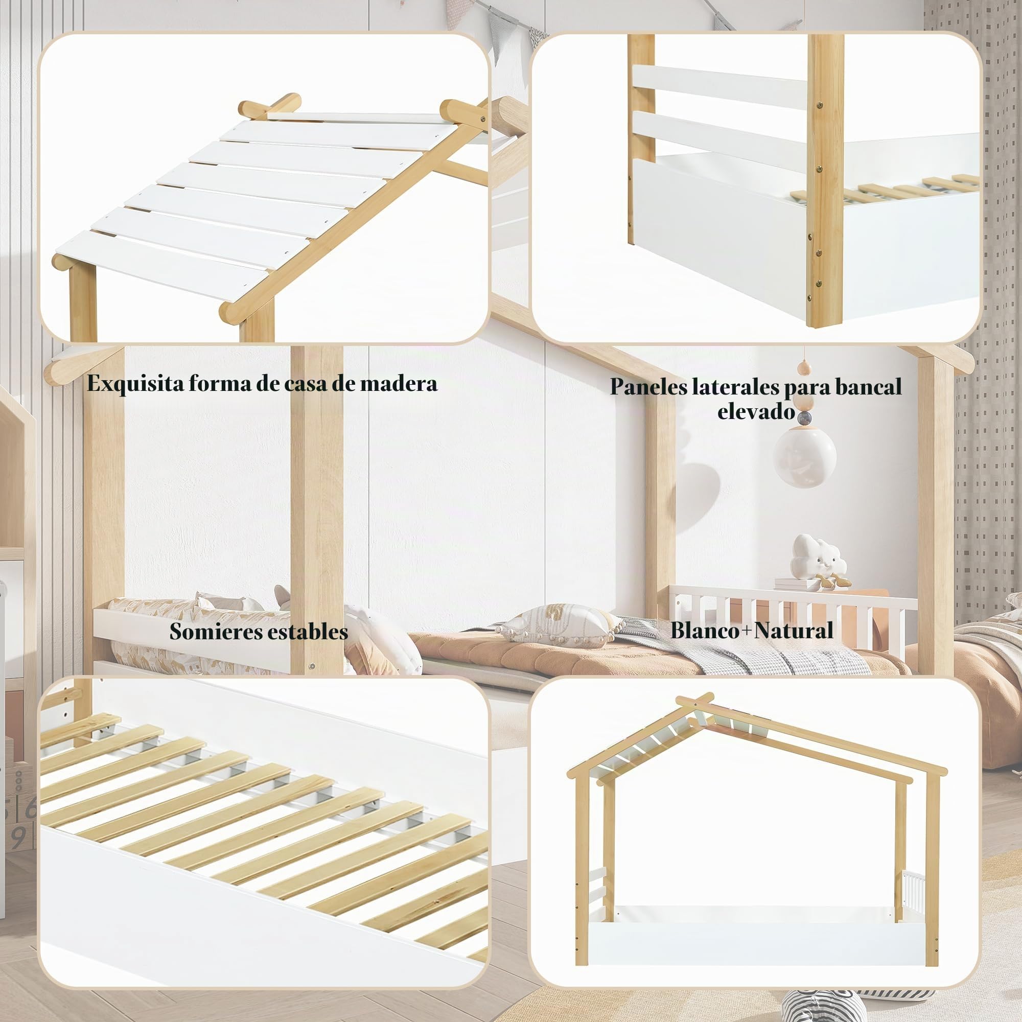 LAKFEW Cama Infantil Cama Montessori 90x190 cm con Diseño del Cabaña de Madera, Cama Bebe para Niño y Niña, Camas Infantiles Camas Montessori Infantil, Blanco+Natural, Sin Colchón