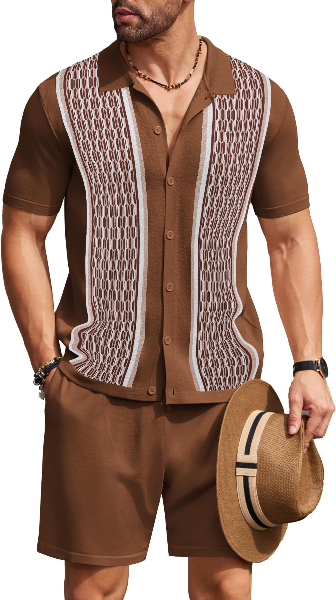 Men's 2 Piece Outfit Vintage Short Sleeve Button Down Knit Polo Shirts Casual Beach Shorts Sets